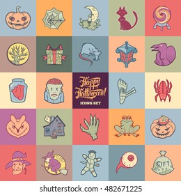 Halloween cartoon icons set. Sketch style pastel colored labels pack.