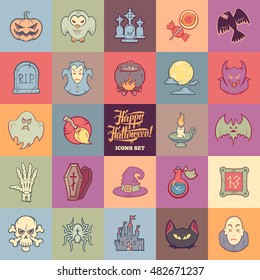 Halloween cartoon icons set. Sketch style pastel colored labels pack.