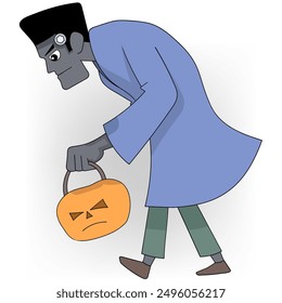 Halloween cartoon illustration, Frankenstein walking carrying a pumpkin