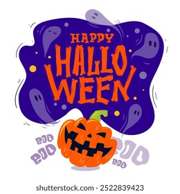 Ilustração de desenho animado de Halloween. Jack-o'-lanterna, fantasma e letras assustadoras. Usado para convite de design sazonal, cartaz, cartão de saudação, mídia social e decoração. Arquivo vetorial.