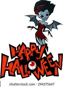 Halloween cartoon illustration of a vampire lady with bat wings