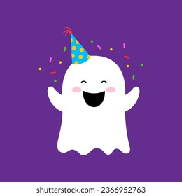 Halloween cartoon kawaii ghost in birthday cap happy laughing, vector funny boo character. Halloween holiday emoji or celebration emoticon of cute boo ghost for horror night and trick or treat party