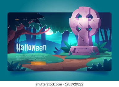 Halloween cartoon landing page, night cemetery, old graveyard with tombstone in midnight forest, cracked cross monument, grave tomb in spooky wood with creepy trees under full moon, vector web banner