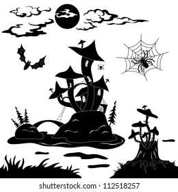 Halloween cartoon landscape: magic Castle - mushroom, spider, bat, grebes. Black contour on white background. Vector