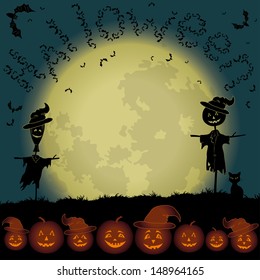 Halloween cartoon landscape with the moon, pumpkins Jack-o-lantern, scarecrows, cat and bats. Elements of this image furnished by NASA (www.visibleearth.nasa.gov). Vector