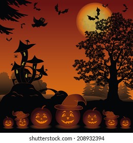 Halloween cartoon landscape with pumpkins Jack-o-lantern, moon, magic Castle - mushroom, owl, trees and bats. Element of this image furnished by NASA (www.visibleearth.nasa.gov). Vector