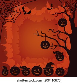 Halloween cartoon landscape with pumpkins Jack-o-lantern, trees, spider, web and bats silhouettes. Vector
