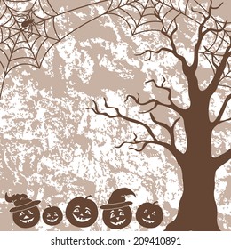 Halloween cartoon landscape with pumpkins Jack-o-lantern, tree, spider and web silhouettes. Vector