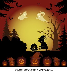 Halloween cartoon landscape with silhouettes of trees, ghosts, witch with a cart, pumpkins and bats. Vector