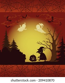 Halloween cartoon landscape with silhouettes of trees, ghosts, witch with a cart, pumpkins, bats and frame with spider web. Vector