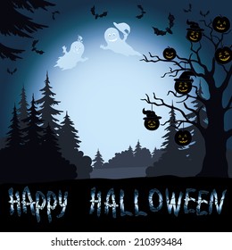 Halloween cartoon landscape with trees silhouettes, ghosts, pumpkins and bats. Vector