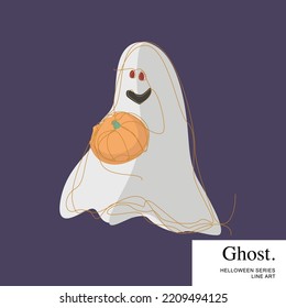 Halloween Cartoon Line Art Character Vector Template, The Ghost is holding a pumpkin.