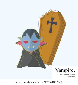 Halloween Cartoon Line Art Character Vector Template, Mr Vampir is standing on the front of Coffin.