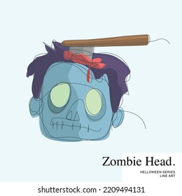 Plantilla de vectores de personajes de la línea de dibujos animados de Halloween, cabeza zombie con hacha.