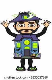 Halloween Cartoon Man Disguised as Enchanted House