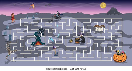 Halloween Cartoon Labyrinth. Kinder Logikspiel. Horrorkinder-Labyrinth. Suchpfad mit Hexe, Mummy und Vampire. Finden Sie Ihren Weg unter den Monstern. Vektorgrafik-Illustrator