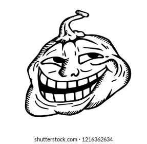 Halloween cartoon meme. Pumpkin with scary face on white. trollo meme.
