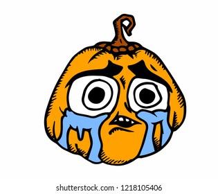 Halloween cartoon meme. Pumpkin with scary face on white.