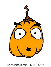 Halloween cartoon meme. Pumpkin with scary face on white.
