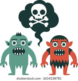 Halloween, Cartoon Monsters Fear Skull Danger
