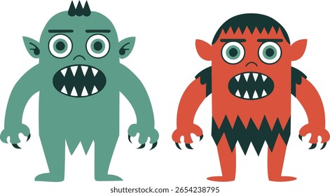 Halloween, Cartoon Monsters Green Red Design Illustration