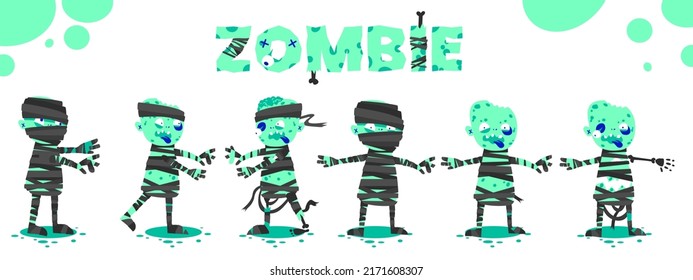 Halloween Cartoon Monsters Stickers Set. Funny Drawings Of Green Zombie Dead Body Walking Mummy Scary Character Costume Kit Vector Illustration