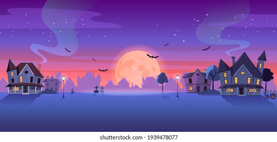 Halloween cartoon night street and red moon illustration