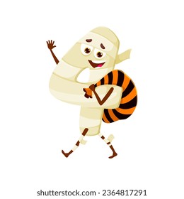 Halloween cartoon number 4 in mummy costume for holiday, vector digit character. Number four in Halloween costume of mummy with trick or treat sweets bag with happy smile face for kids mathematics