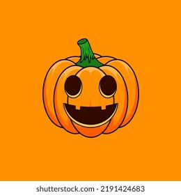 Halloween Cartoon Outline Pumpkin isolated on orange background. The main symbol of the Happy Halloween holiday. Orange spooky pumpkin with scary smile holiday Halloween.