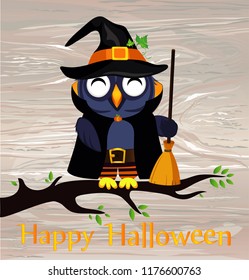 Halloween. Cartoon owl in a witch costume with broom  sitting on a branch. Vector on woodenbackground. Poster / invitation / greeting card on holiday.