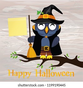 Halloween. Cartoon owl in a witch costume with broom  sitting on a branch. Vector on woodenbackground. Poster / invitation / greeting card on holiday. Yellow sheet of paper for notes. Sticker.