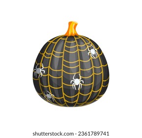 Caricatura de Halloween pintada calabaza con adorno de celebración de cobardes. Vectorial aislado calabaza negra festiva con araña anaranjada y arañas, creando decoración sobria en espíritu de celebración de la fiesta