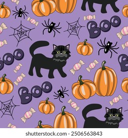 Halloween Cartoon Print. Seamless Pattern. Cat, Pumpkin, Candy, Spider. Funny Autumn Holiday Design.