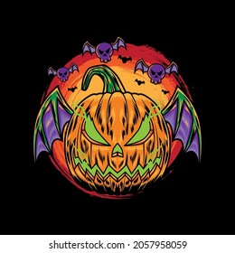 Halloween cartoon pumpkin bat monster vintage logo vector icon hand drawn illustration