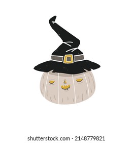 Halloween cartoon pumpkin with black witches hat. Jack O lantern. Vector halloween illustration isolated on the white background.