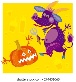 Halloween cartoon with pumpkin and devil