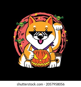 Halloween cartoon pumpkin dog vintage logo vector icon hand drawn illustration