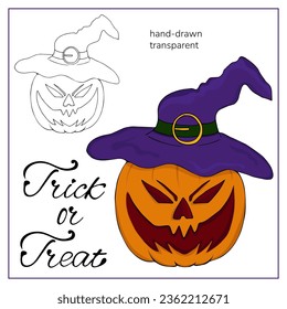 Halloween cartoon pumpkin in a hat. Scary, roaring Jack-o-lantern face with evil smile.