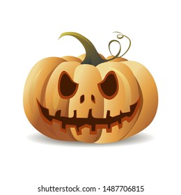 Halloween cartoon pumpkin smiling. Orange vector pumpkin to autumn holiday. Illustration of halloween mascot with scary smile isolated on white. Traditional spooky face with funny emotion