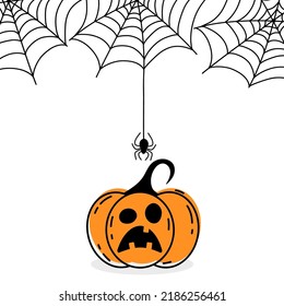 Halloween cartoon pumpkin with spider hanging on web. Vector illustration