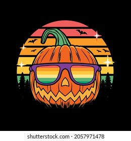 Halloween cartoon pumpkin sunset retro vintage logo vector icon hand drawn illustration 