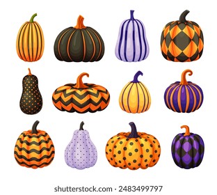 Halloween cartoon pumpkins with holiday ornaments and patterns. Isolated vector painted gourds creatively adorned with stripes, dots, zig-zag festive seasonal motifs, that captures spirit of season