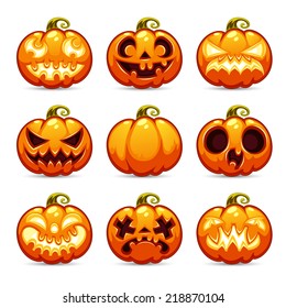 Halloween Cartoon Pumpkins Icons Set. In the EPS file each element is grouped separately.