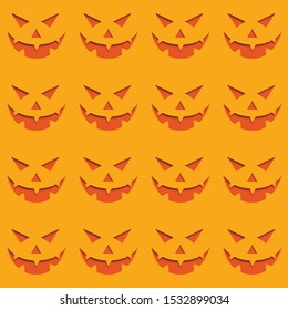 Halloween cartoon pumpkins pattern background. Vector Happy Halloween greeting card and trick or treat party seamless design of pumpkin lantern with skull monster fire eyes and evil face carving