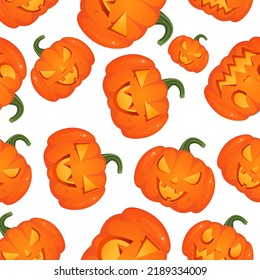 Halloween cartoon pumpkins pattern background. Vector Happy Halloween greeting card and trick or treat party seamless design of pumpkin lantern with skull monster fire eyes and evil face carving
