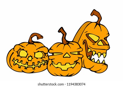 halloween cartoon pumpkins with scary faces on white