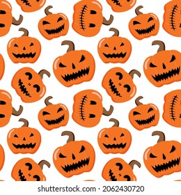 Halloween cartoon pumpkins seamless pattern. Isolated on white background. Vector Happy Halloween greeting card and trick or treat party design of pumpkin lantern.