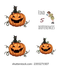 Rompecabezas de caricatura de Halloween. Encontrar 5 diferencias en la calabaza. Divertida tarea de los niños. Maíz de vacaciones con prueba lógica. Ilustración del vector