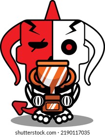 halloween cartoon red devil bone mascot character vector illustration cute skull holding trophy