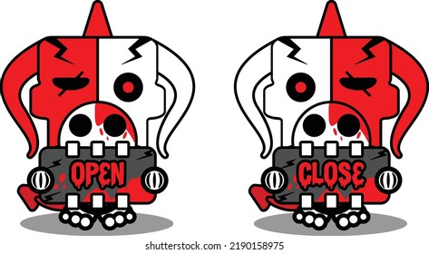 halloween cartoon red devil bone mascot character vector illustration cute skull open and close board